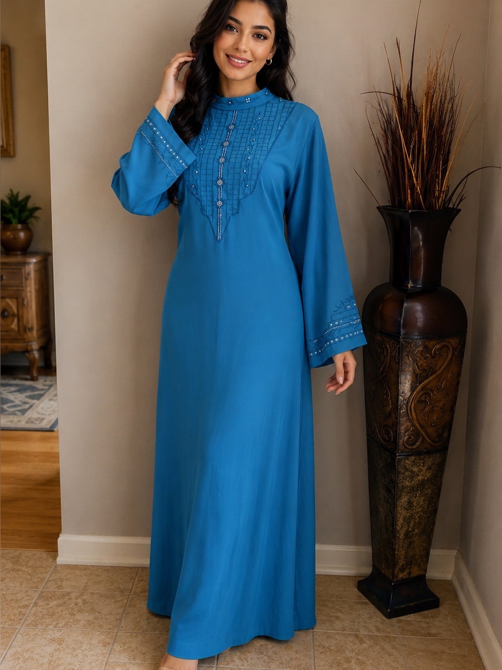 Teal Blue Embroidered galabiya  Maxi Dress